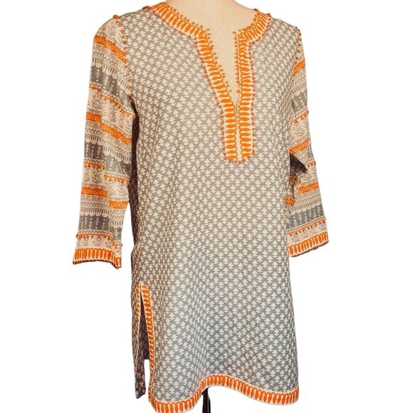 Gretchen Scott Beaded Cotton Batik Tunic Top Blouse Blue Orange Medium - Picture 3 of 8